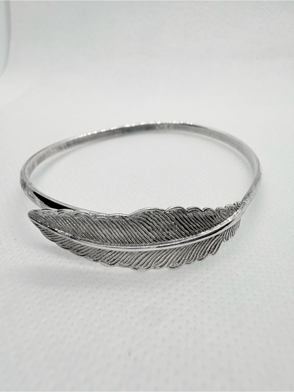 Silver Feather Bangle Bracelet Boho Etched Plume Cuff